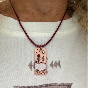 Brown Leather Cord with Copper Starry Night by the River Pendant